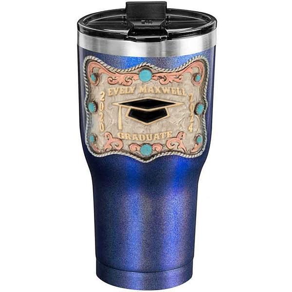 A customized tumbler made of stainless steel with a personalized engraved name and graduate cap figure, 30 oz, ideal for coffee or cool drinks